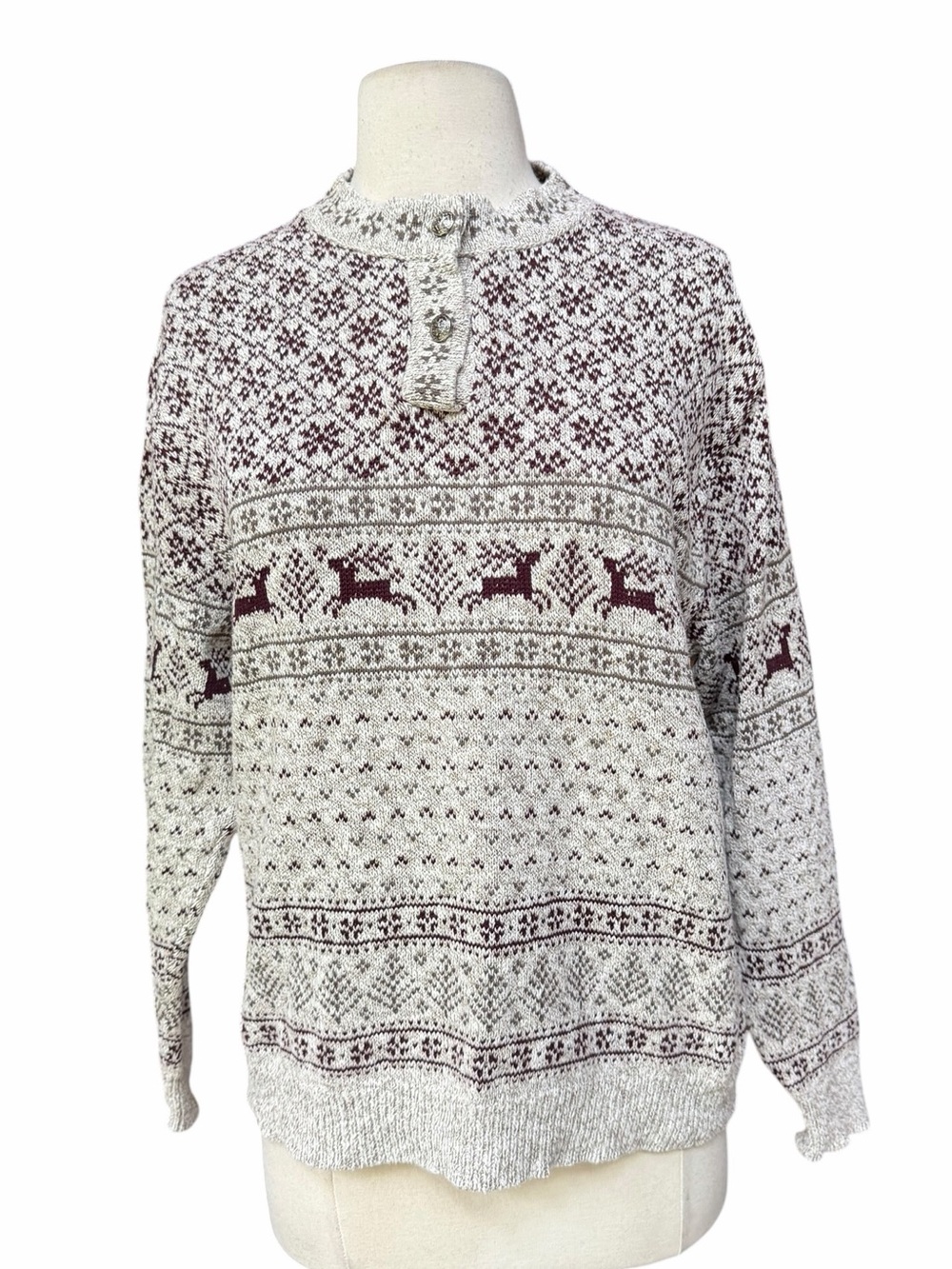 1990s Chelsea Gardens Mid-Weight Wool Blend Fair‎ Isle Reindeer Henley Sweater